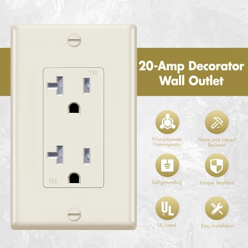 Micmi Decorator Receptacle Outlet, Tamper Resistant, Light Almond Decorative Electrical Receptacle Outlet, 20Amp 125 Volt, Grounding with Wall Plate UL Listed (20Pack, Ivory, 20 Amp Outlet) by micmi - Image 2