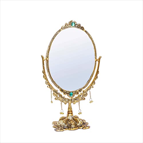 Image of KridayKraft Gold-Plated Double-Sided Oval Metal Table Mirror - Floor-Mounted Unframed Vanity Mirror for Home Decor, Birthday, Anniversary, Wedding & Festive Gifting for Loved Ones