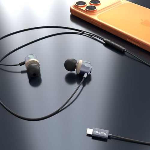 Image of Kratos Tune V7 C Type Earphones Wired, Deep Bass Drivers Earphone, Inline Control Type c Headphones with Mic, Comfort Fit Type c Earphone with Volume Control,Metallic C pin Earphones (Grey)