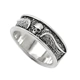 Skull And Angels Wings, Oxidized Ring, Engagement Ring, Band Pinky Ring, 925 Sterling Silver Ring, W