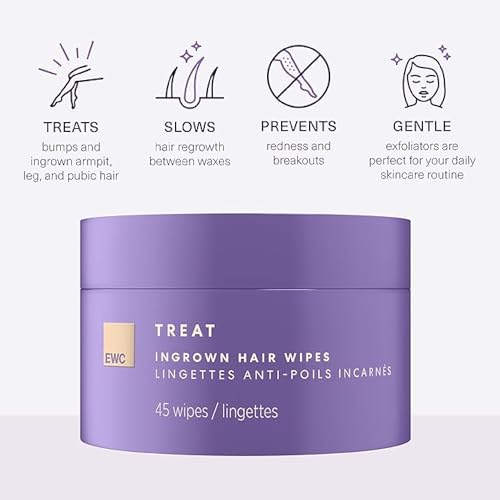 European Wax Center Ingrown Hair Wipes For Bikini Area, Exfoliants AHA & BHA Mitigate Razor Bumps, Razor Burn and Ingrown Hairs, Moisturizing After Waxing Skin Care for Women and Men, 45 Wipes