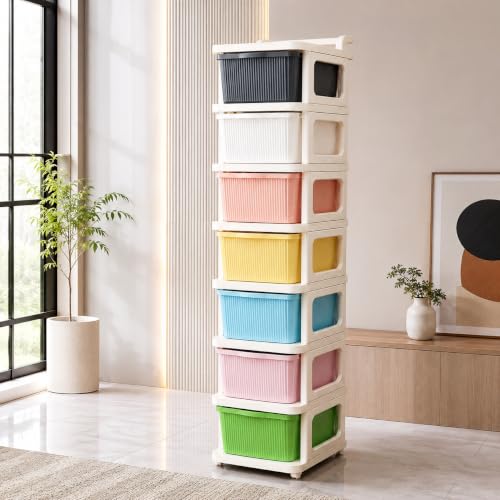 Image of Heavy Duty Plastic Storage Drawer with Wheels | Modular Cabinet for Bedroom, Office, Home or Classroom| Chest of Drawers Organiser for Cosmetics, Kitchen items, Toys (Multicolor, 7)