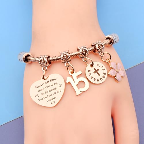 DlaeKua 15th 13th 16th Birthday Gifts for Girl Stainless Steel Bracelet for Women Daughter Granddaughter Niece Sisters 15th Birthday Gift Bracelets Inspirational Gifts Bible Verse 15 13 16 Years Old2
