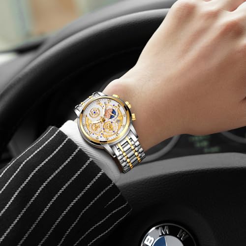 Image of senstone Moon Phase Watch for Men Chronograph Dial Analog Quartz Wristwatch Luxury Diamond Business Dress Watch with Luminous Waterproof Calendar Stainless Steel Strap