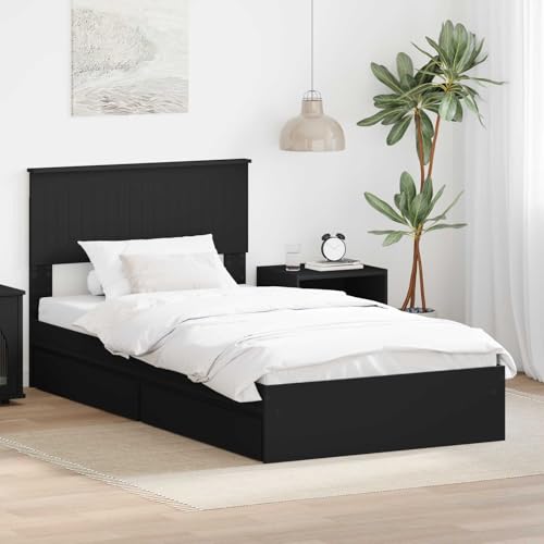 vidaXL Storage Bed with Headboard Black 100 x 200 cm Engineered Wood, Contemporary Storage Bed Frame, Spacious Design, Durable, Water-Resistant Finish, Functional Bedroom Furniture, Compact Solution