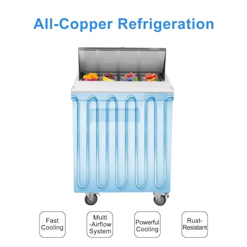 Image of JINSONG 28 inch W 1-Door Refrigerator Sandwich Salad Prep Table, Commercial Stainless Steel, Fan Cooling, 7.4 Cu.ft, with Cutting Board, 1 Shelf & 8 Pans for Restaurant, Bar, Shop