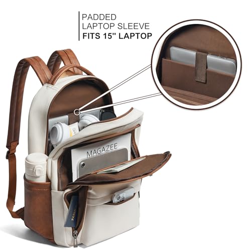 LATMAP Backpack Purse for Women Men Faux Leather Backpack, Travel Work Laptop Back Pack Teacher Bookbag fits 15.6" Laptop, Beige — view 3