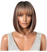 Aimole Honey Short Bob Straight Wig Ombre Brown With Light Brown Strips Wigs Dark Roots Synthetic...