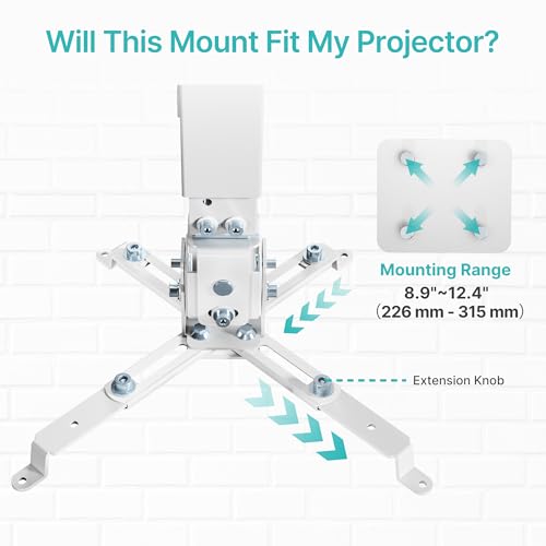 PEGZONE Projector Ceiling Mount with Extension Pole, Wall&Ceiling Adjustable Bracket 3-in-1, Universal Projector Holder for Home Theater & Office, 44lbs, Compatible with Epson/Optoma, White - Thumbnail 7