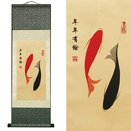 Pintura de Rollo Seda Decoración de Pared Asiática Pez - Año Tener Pescado - Piscis - Pez Doble Antiguo Hermosa Rollo Pared Arte Chino Rollo de Pintura Colgante Decoración Oriental(39 x 12 in) Cover
