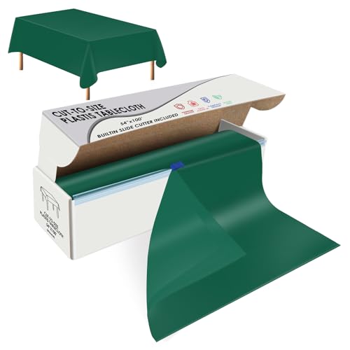 Image of tujol Dark Green Disposable Plastic Table Cloth Roll 54 inch X 100', Plastic Table Cover with Cutter Box, Cut to Size Disposable Tablecloth for Parties