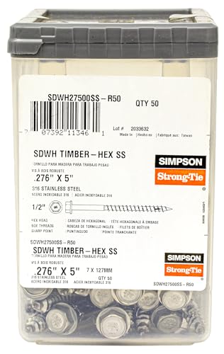 Simpson Strong-Tie SDWH27500SS-R50 Strong-Drive SDWH Timber-HEX SS Screw — 0.275 in. x 5 in. 1/2 Hex, Type 316 (50-Qty)