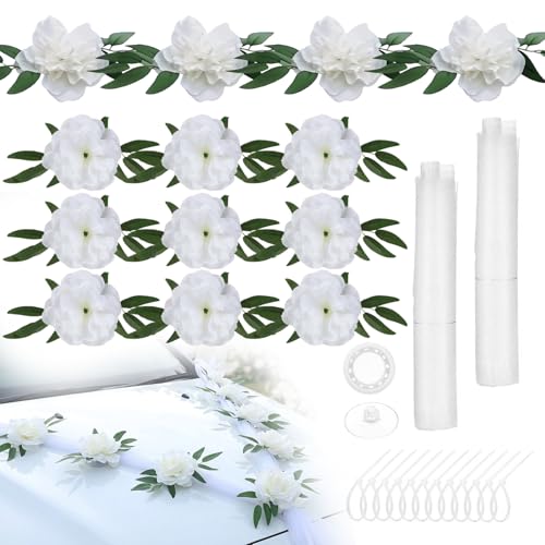 Gsdfldob Ensemble 22 Pièces Decoration Voiture Mariage 9 Fleurs Artificielles Blanches 4 Fleurs pour Portières Ventouses 2 Voiles 1,6 m Ruban Adhésif et...