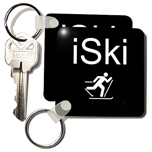 3dRose iSki, white lettering on black background with picture of skier - Key Chains, 2.25 x 2.25 inches, set of 2 (kc_180056_1)