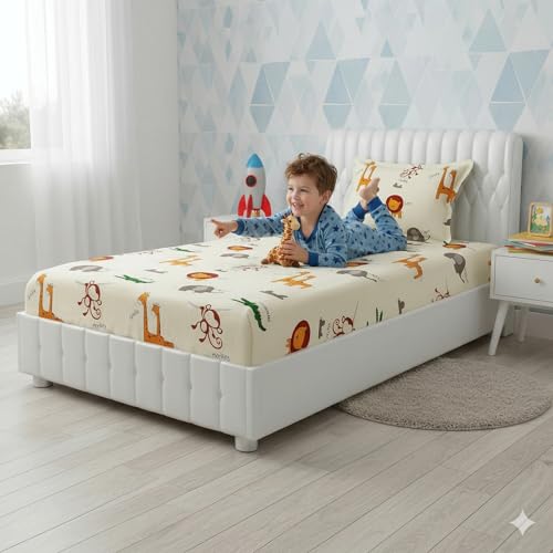 Image of Filymore Kids Animal Single Bedsheet Cartoon Bedcover 240 TC Microfiber Kid Bedspread for Single Size Bed (Size 90 X 60 Inches) 1 Bedsheet with 1 Pillow Cover for Kids Room (Color-Cream)