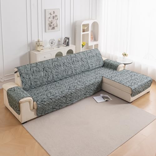 Image of HOKIPO 'Elira Series' Printed Quilted One-Piece L Shape 6 Seater (3+3) Sofa Cover Mat with Right Chaise | Anti-Slip Backing & SecureFit Belt, Intense Grey Abstract Floral (AR-6230-C2)