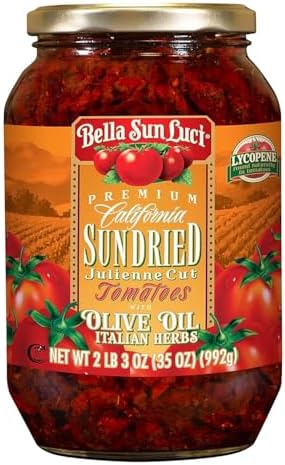 Bella Sun Luci Sun Dried Tomatoes Julienne Cut in Olive Oil, 35 Oz Glass Jar, Mediterranean Italian Style Sun-Ripened Tomatoes, Kosher, Vegan, Gluten-Free, Premium Pantry Ingredient for Pasta, Pizza & Salads