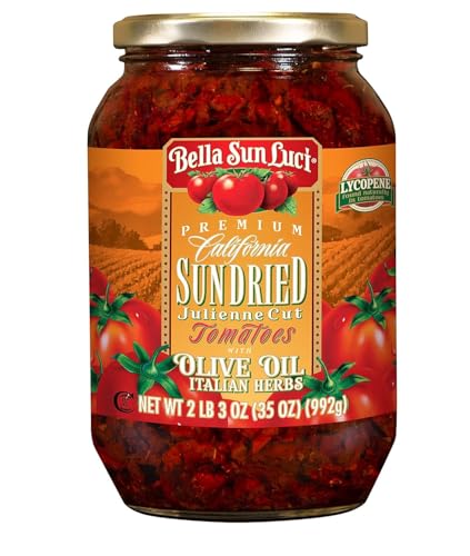 Bella Sun Luci Sun Dried Tomatoes Julienne Cut in Olive Oil, 35 Oz Glass Jar, Mediterranean Italian Style Sun-Ripened Tomatoes, Kosher, Vegan, Gluten-Free, Premium Pantry Ingredient for Pasta, Pizza & Salads