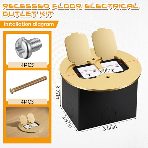 Image of Round Brass Recessed Floor Outlet Box, UL Listed Low Profile Hidden Dual Flip-up Floor Outlet, 20A Tamper Resistant Duplex Receptacles for Living Room, Home Office, Conference Room