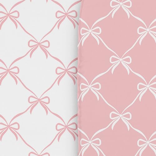 Image of Sweet Jojo Designs 2-Piece Baby Bassinet Sheets Set (White /Pink Bows) for Girls, Infant Newborn Nursery, Oval, Rectangle & Hourglass Mattress (Blush Bow, Coquette, Shabby Chic, Vintage Ballet, Dancer)