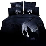 HyUkoa 3D Galaxy Moon Bat Wolf Animal Print Comforter Bedding Set Kids/Adult Bedroom Home Textiles,Queen Size/4 Pieces