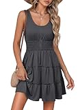 Dokotoo Beach Vacation Clothes for Women 2025 Summer Sun Dress Smocked Empire Waist Ruffle Tiered Casual Mini Button Down Dresses Sexy T Shirt Short Dress Boho Sundress Cruise Outfits Grey Medium