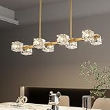 OKES Dining Room Light Fixture,Gold Modern Crystal Chandelier Rectangular Pendant Light with 8 Light Farmhouse Chandeliers for Kitchen Island Dining Room Living Room Bedroom