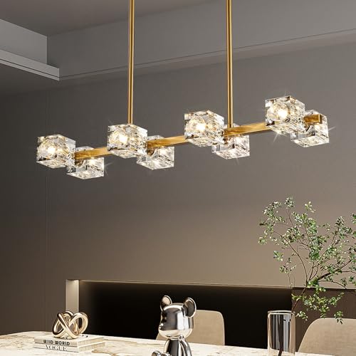 Dining Room Light Fixture,Gold Modern Crystal Chandelier Rectangular Pendant Light