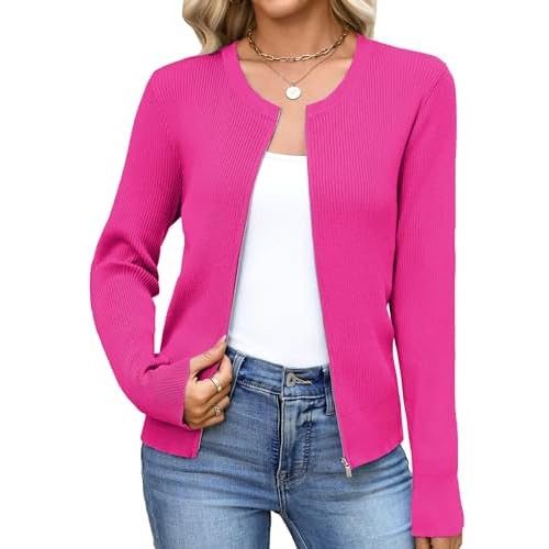 Totatuit Womens Long Sleeve Zip Up Sweater Cardigans Knitted Lightweight Zipper Jacket Rose Red Medium