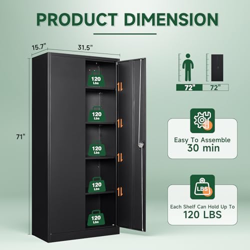Image of Letaya Metal Garage Storage Cabinets with Lock Door and Adjustable Shelves, Steel Tool Cabinets for Home,Office,Warehouse Organisieren (Black) (Pack of 2)