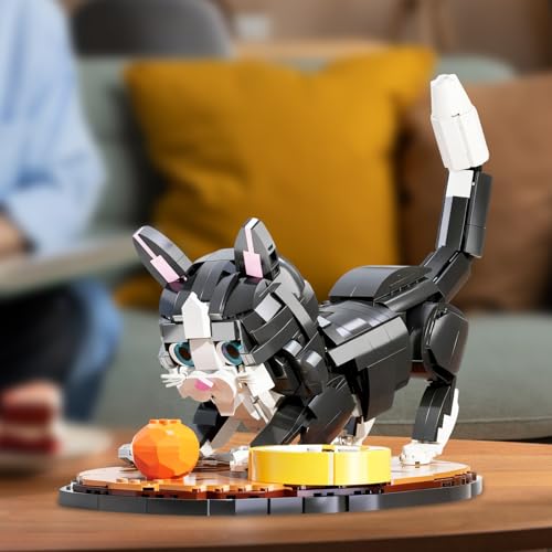 Xbert Tuxedo Cat Building Sets, Black Cat Statue with Fish Bone,Cat Food, Orange Ball,Animal Figurines Bricks Building Sets,Cat Home Decor,Cat Gifts (1200 PCS)