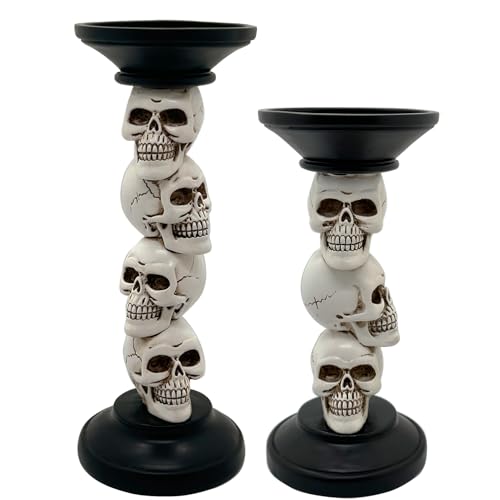 Vintage Resin Skull Skeleton Candle Holders - Set of 2 for Halloween Decor