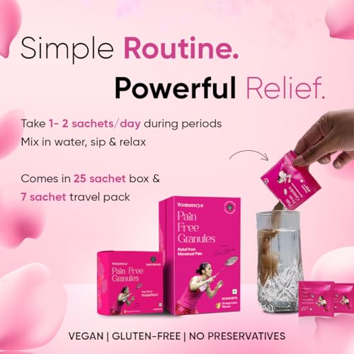 Image of CUREFOREVER Womaneya Pain Free Granules - 7 Sachets for Period Cramp Relief, Powerful Formula with Natural Ingredients for Relief from Menstrual Pain | 1 Sachet equals to 12 hours of Period Cramp Comfort
