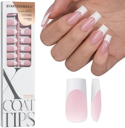 BTArtboxnails XCOATTIPS White French Tip Press On Nails, Long Square, Pink