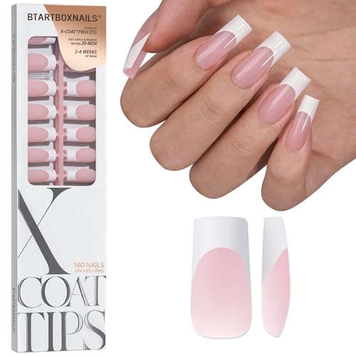 BTArtboxnails XCOATTIPS White French Tip Press on Nails - 4-Week Wear Long Square Nail Tips, Easy to Apply, Soak Off, Salon Quality Value at Home, 16 Sizes - 160 Fake Nails