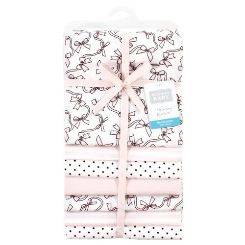 Image of Hudson Baby Little Treasure Cotton Poly Flannel Receiving Blankets Multipack, Pink Bow, 30x30 inches (Pack of 2)