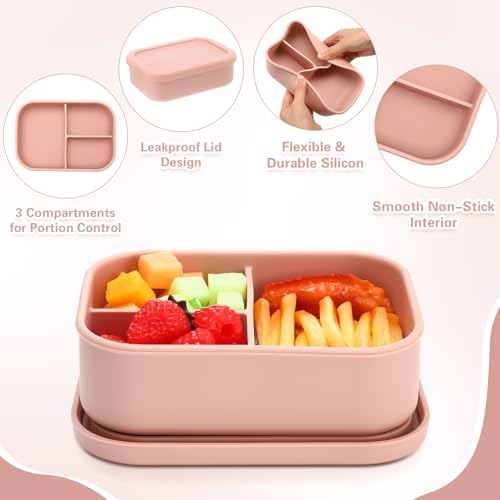 Image of Honeydak 6 Pcs Bright Silicone Bento Boxes, 3 Compartment Lunch Boxes