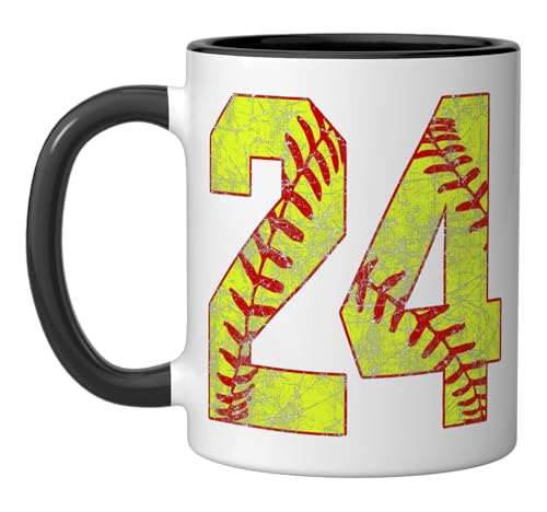 Softball #24 Fast Pitch Love Softball Mom Favorite Player Ceramic Mug, Black/White