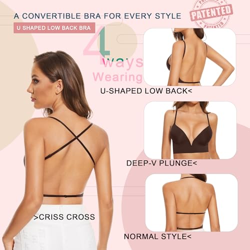 Image of Low Back Bras-Seamless Deep-V Plunge Invisible Backless Bra-Underwire Lightly Lined Halter Multiway Low Cut Bra
