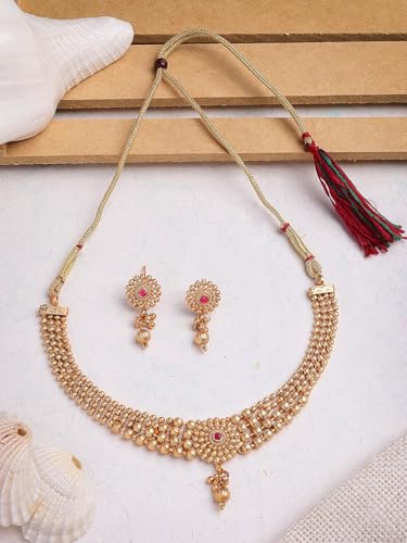 Image of Sukkhi Classic Gold Plated Choker Necklace with Drop Earring Jewellery Set For Women & Girls|Suited for All Festive Occasions|NS107402