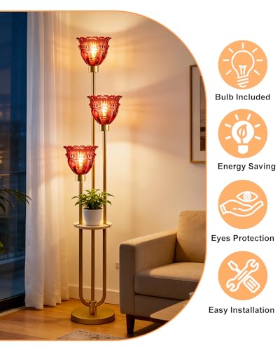 Image of Lightdot Glass Floor Lamp with 5Lbs Heavy Base for Living Room Modern Gold Floor Lamp with Rose Red Glass Shade & 3000K Bulbs Included Tall Standing Lamp with Foot Switch for Sofa Beside /Corner Decor