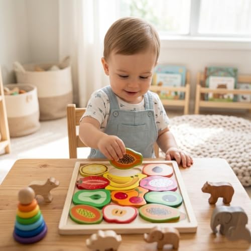 Image of HAPPY HUES Sorting & Stacking Toy- Skills Enhancement Motor Skill Toys for Toddlers /Kid -Magnetic- Capture The Worms Toys | Early Educational-Montessori Toy (Fruit Sort)