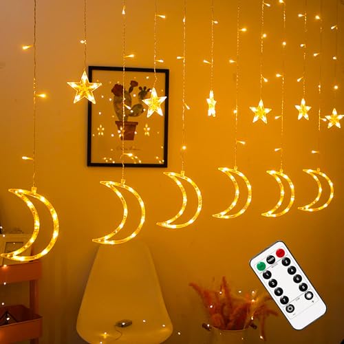 Dazzle Bright Ramadan Curtain String Lights, 138 LED 8.2ft x 3.2ft Warm White Star Moon 8 Lighting Modes Fairy Lights with Remote for Bedroom Wall, Wedding, Outdoor Party, Ramadan Decorations by Dazzle Bright - Used condition - US$13.18