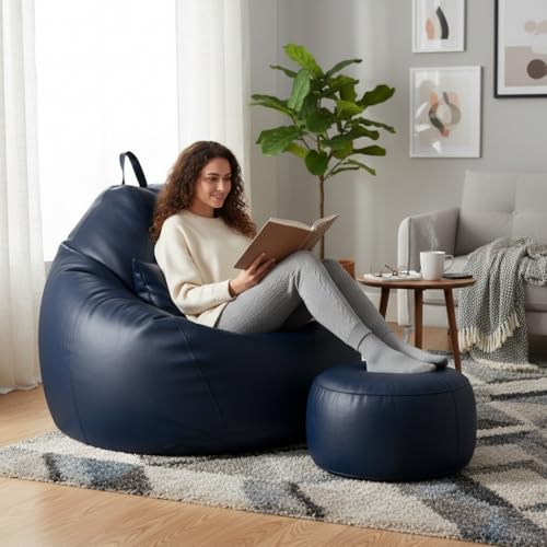 Image of 6XL Jumbo Premium Bean Bag Chair with Footrest & Cushion | Filled with High Density EPS Beans | Comfortable Sofa for Living Room & Bedroom | 6 Months Warranty, Color- (NAVY BLUE, 6XL, Premium)