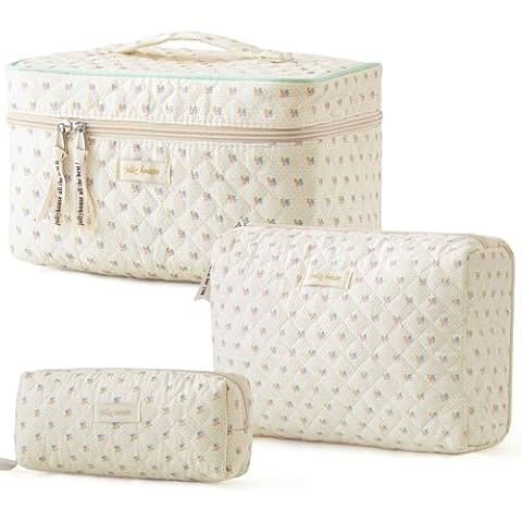 HBselect Quilted Makeup Bag, 3PCS Cotton Large Travel Makeup Bag, Cute Floral Coquette Make up Bag Cosmetic Bag Toiletry Bag for Women Girls Cover