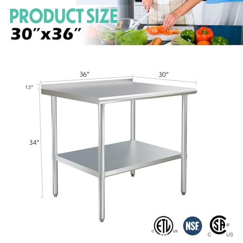 Image of STABLEINK NSF Stainless Steel Prep Table 36x30 Inches, Metal Work Table with Backsplash and Adjustable Undershelf, for Commercial Kitchen, Restaurant, Hotel, Laundry and Garage