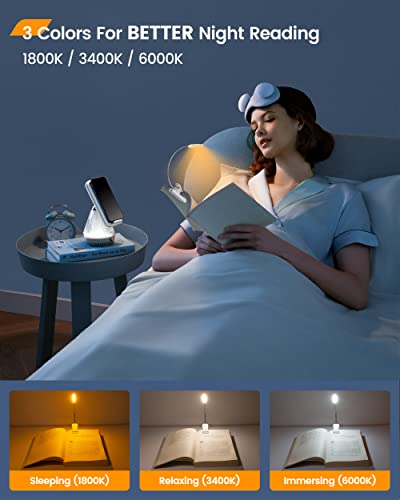 Glocusent Willow Book Light, 10LED, 3 Colors & 3 Brightness, Rechargeable, Lightweight, Clip on, Modern Design, Pure White, ABS Material, USB-C, 80hr Runtime, Ideal for Book Lovers