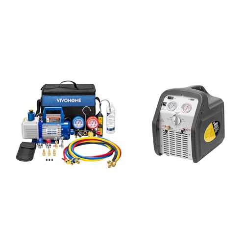 Bomba de Vacío HVAC VIVOHOME 5CFM 1/3 HP Monotapa con Juego de Manómetros 4 Vías, Detector de Fugas y Máquina Portátil de Recuperación de Refrigerante 110-120V AC miniatura 1