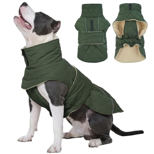 Kuoser Hundejacke Hundemantel für Mittelgroße Große Hunde, Winterjacke Hund Wasserdicht Warm, Verstellbarer Hundemantel mit Fleece und Reißverschluss-Leinenöffnung, L Grün