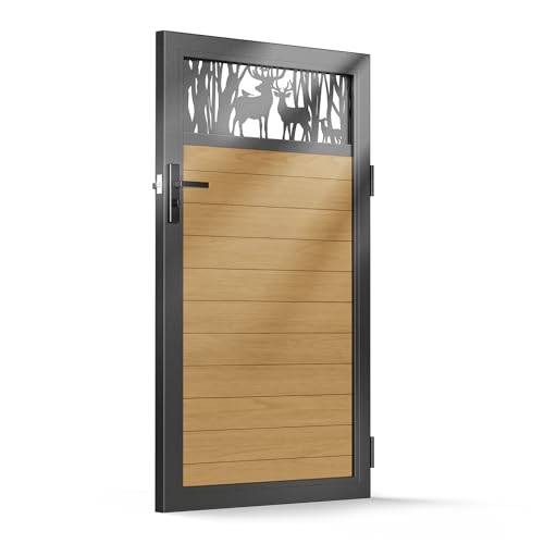 Brukid 3x5 FT Aluminum Fence Gate Kit Wood Grain Aluminum Gate with Decorative Cutout, Lock & Hinges, Left/Right Opening, Weather Resistant for Yard Garden Patio